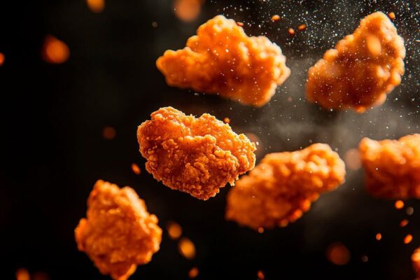 Knusprige Chicken-Nuggets in Bewegung