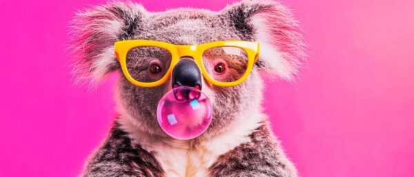 Koala mit Brille und Kaugummi-Blase