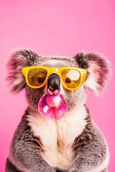 Koala mit Sonnenbrille und Blasen-Kaugummi