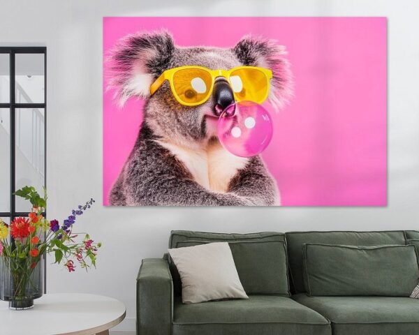 Koala mit Sonnenbrille und Kaugummi-Blase