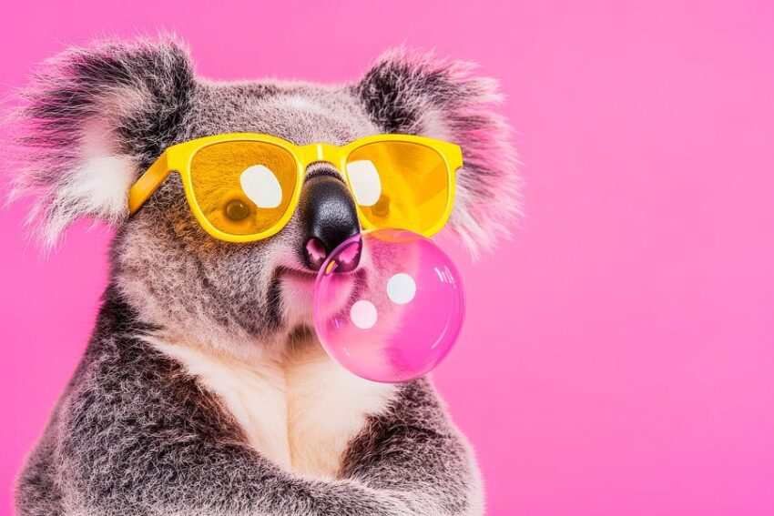 Koala mit Sonnenbrille und Kaugummi-Blase