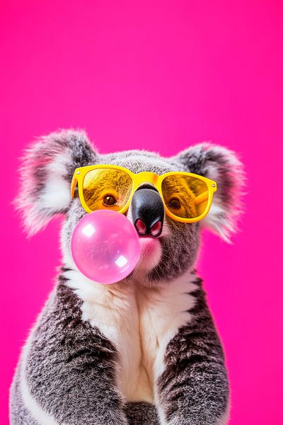 Koala mit Sonnenbrille und Kaugummiblasen