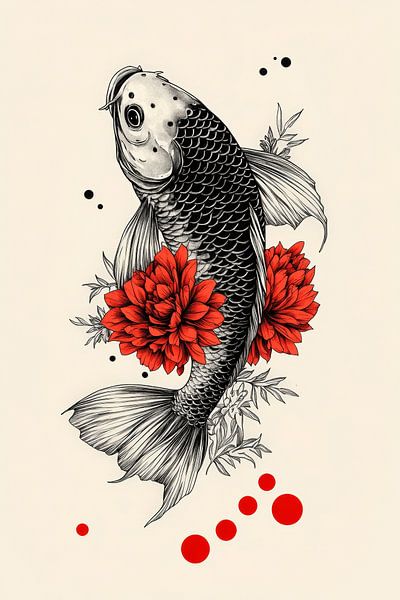 Koi-Fisch mit roten Blumen – Elegant