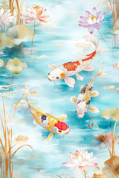 Koi-Fische im blühenden Teich – Aquarell