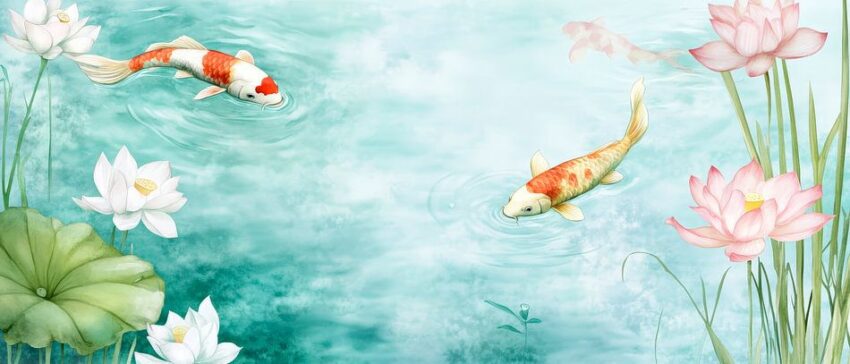 Koi-Fische im Seerosenmeer – Aquarelltraum