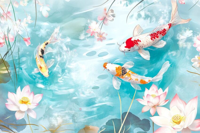 Koi-Fische im Teich mit Seerosenblüten