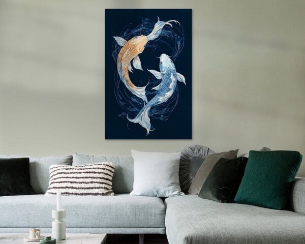 Koi-Fische im Wasserwirbel – Eleganz in Blau und Gold