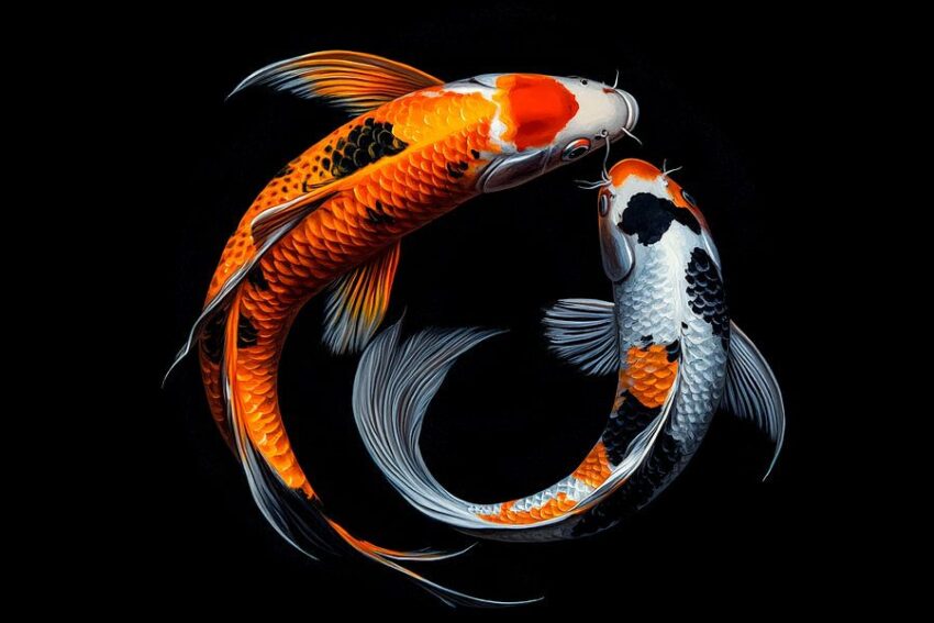 Koi-Fische in Bewegung – Farbenspiel auf Schwarz