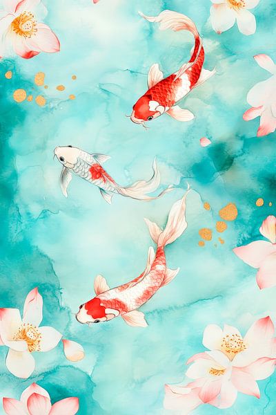 Koi-Fische in blühendem Wasser – Aquarell