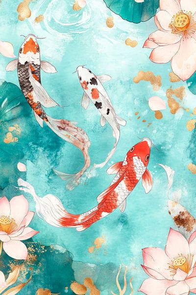 Koi im Wasser mit Lotusblüten – Farbigkeit