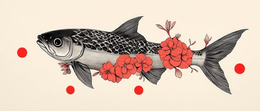 Koi mit roten Blumen – Illustrativ