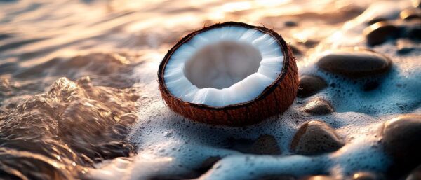 Kokosnuss am Strand in sanften Wellen