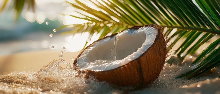 Kokosnuss am Strand mit Wasserfontäne