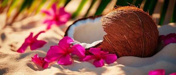 Kokosnuss mit Blüten am Strand