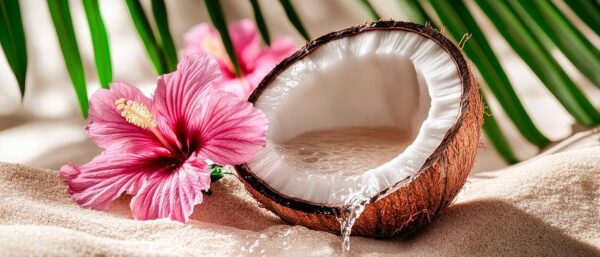 Kokosnuss mit Hibiskusblüte am Strand