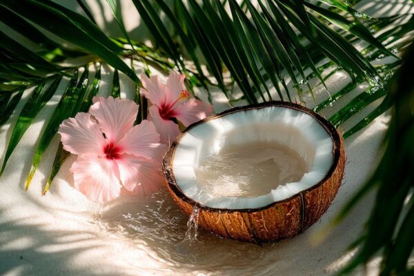 Kokosnuss mit Hibiskusblüten im Sand