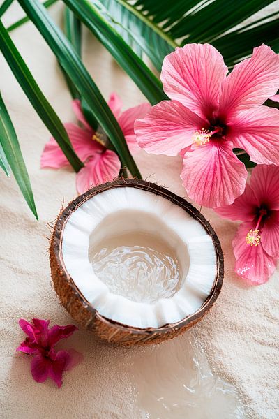 Kokosnuss mit Hibiskusblüten – Tropisches Flair