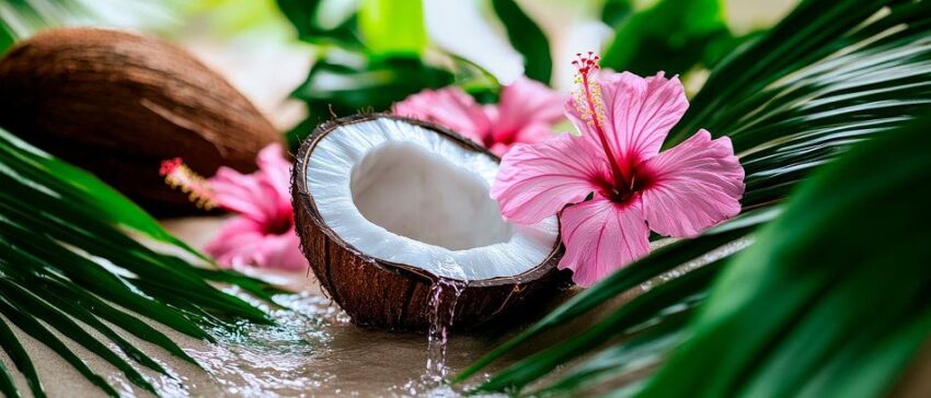 Kokosnuss und Hibiskusblüten im Tropenparadies