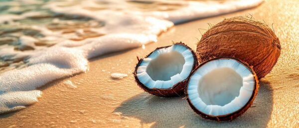 Kokosnüsse am Strand im Sonnenlicht