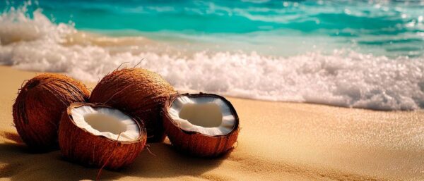 Kokosnüsse am Strand mit Wellenrauschen