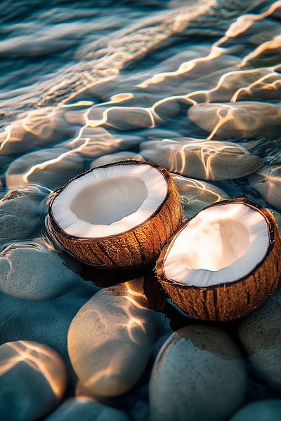 Kokosnüsse im Wasser auf Steinen