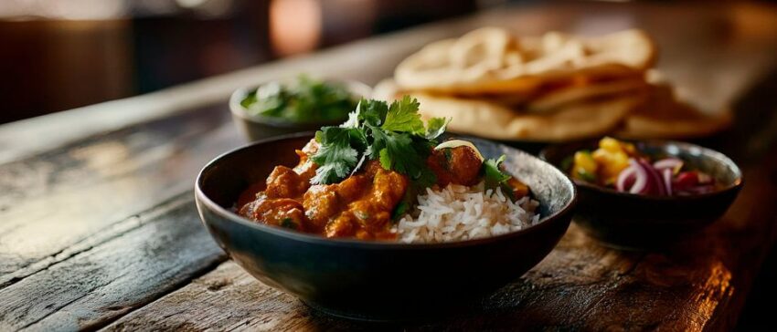 Köstliche indische Mahlzeit mit Reis