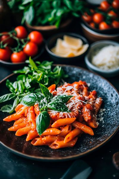 Köstliche Penne mit frischem Basilikum