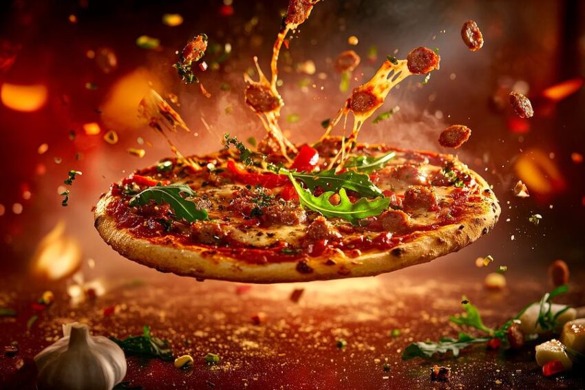 Köstliche Pizza im Action-Moment