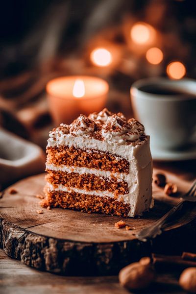 Köstliches Stück Torte auf Holzbrett