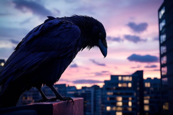 Kraftvoller Rabe vor urbanem Sonnenuntergang