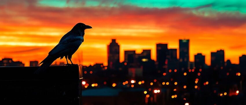 Krähe vor Stadt-Silhouette bei Sonnenuntergang