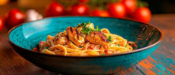 Kreative Pasta mit Hähnchen und Tomaten