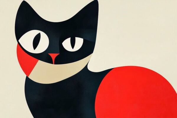 Kreative schwarze Katze in Rot und Beige