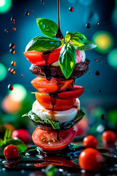 Kreativer Tomaten-Mozzarella-Turm mit Basilikum