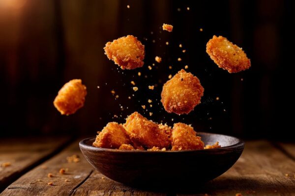 Krosse Chicken Nuggets in der Luft