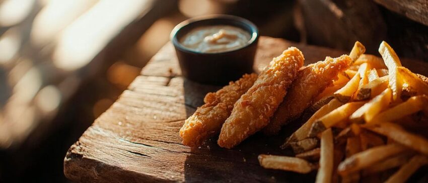 Krosse Hähnchenstreifen mit Pommes Frites