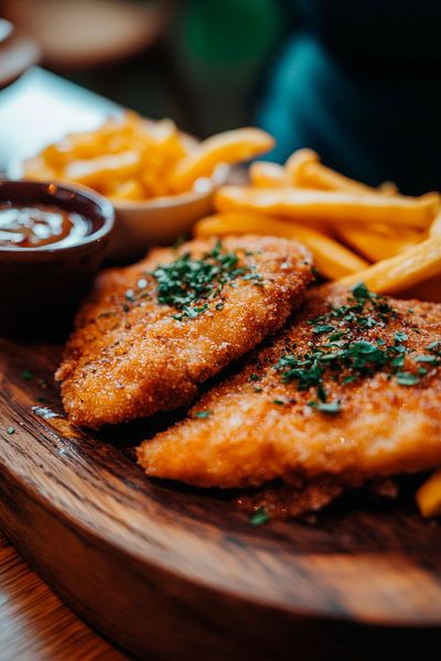 Krosses Fischfilet mit Pommes und Sauce