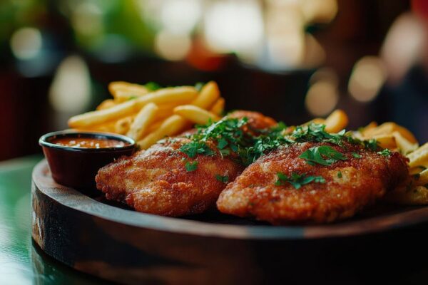 Krosses Hähnchen mit Pommes und Sauce