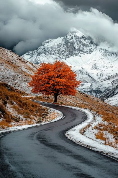 Krummer Weg mit rotem Baum