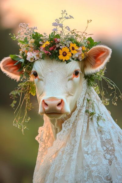 Kuh im Hochzeitskleid mit Blumenkranz