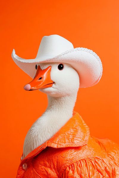 Küken im Cowboy-Look vor Orange