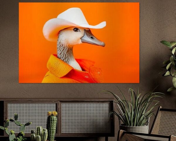 Küken im Cowboy-Look vor orangefarbener Wand