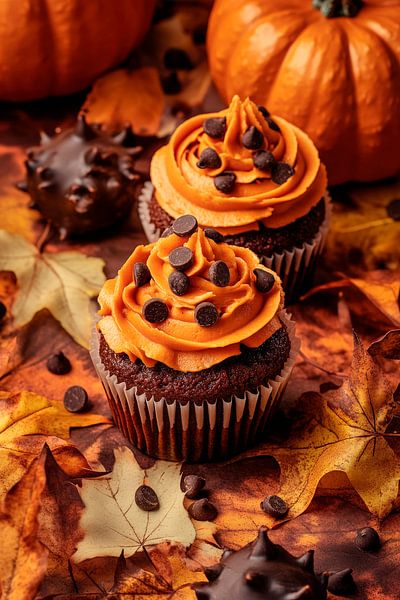 Kürbis-Cupcakes im herbstlichen Setting