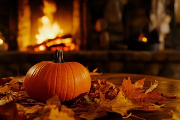 Kürbis und Herbstblätter am Kamin