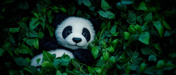 Kuschelnder Panda im grünen Blattwerk