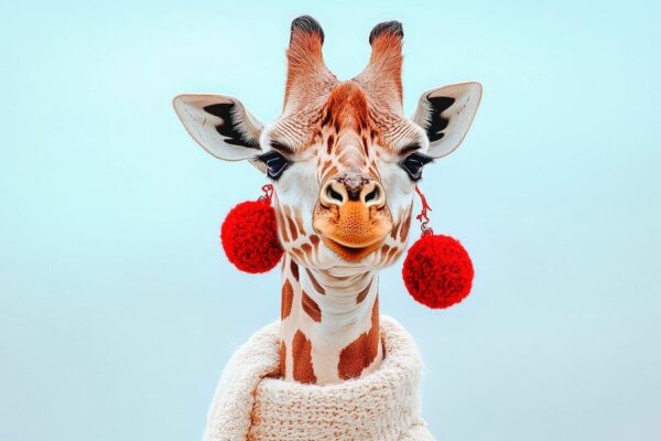 Lächelnde Giraffe mit Pompoms und Pullover