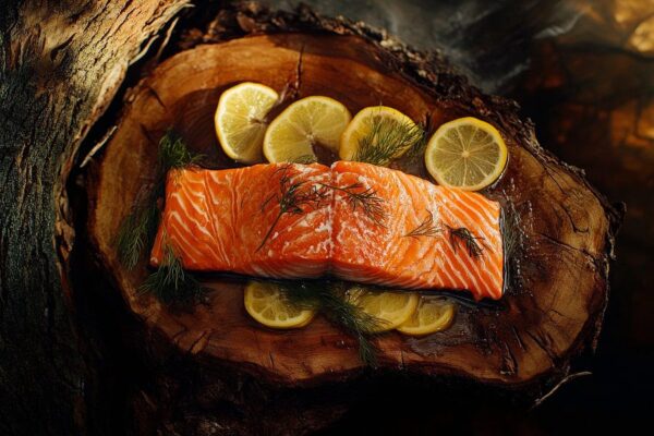 Lachsfilet auf Holzplatte mit Zitrone