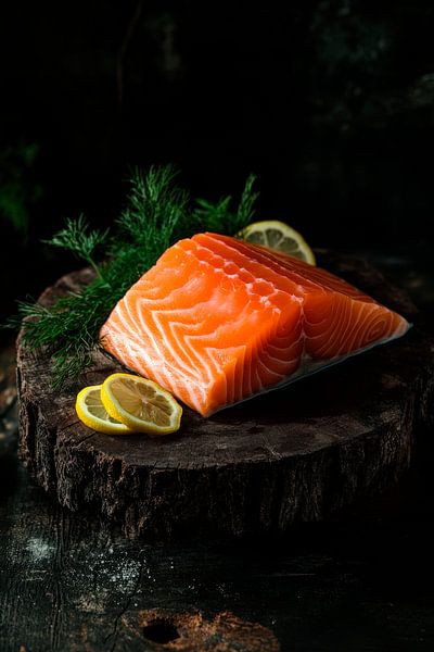 Lachsfilet mit Zitrone auf Holzbrett