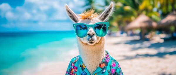 Lama am Strand mit Sonnenbrille