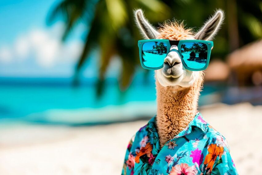 Lama am Strand mit Sonnenbrille